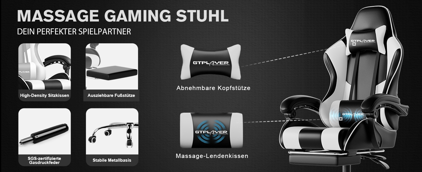 Ігровий крісло GTPLAYER з масажем, підніжка, підголовник, поперекова подушка, обертове, штучна шкіра, білий колір