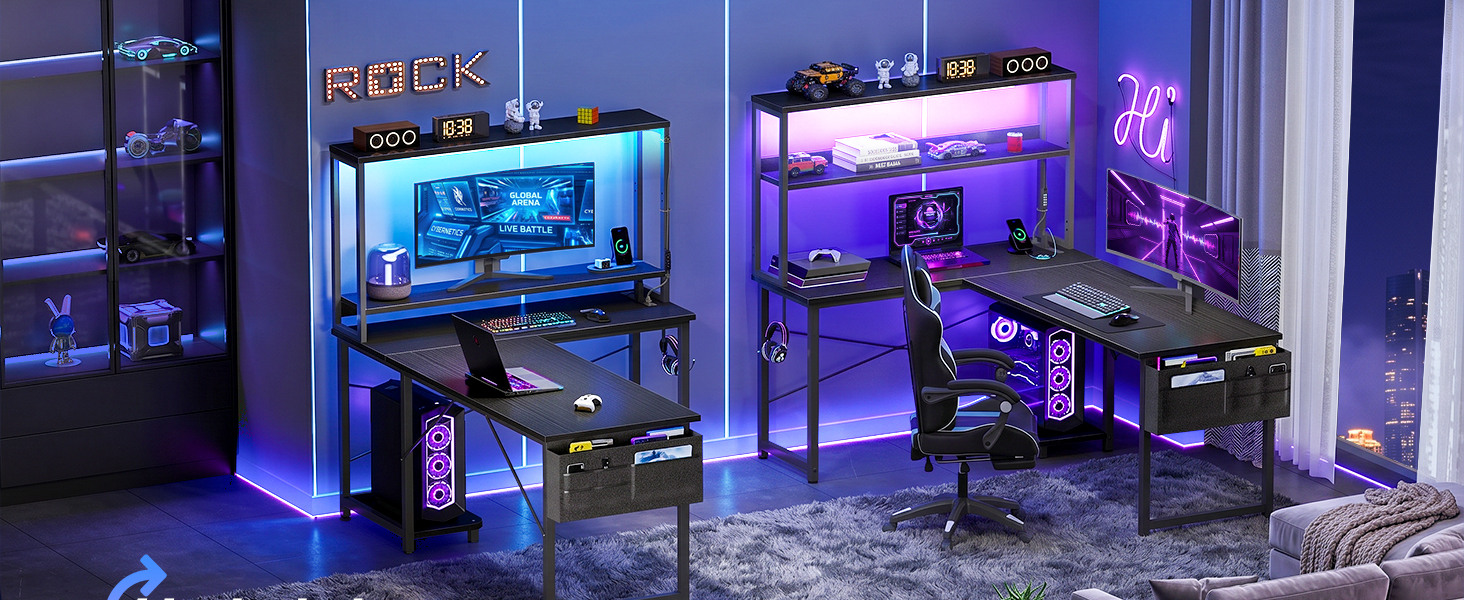 Ігровий кутовий стіл ODK Gaming з LED-підсвіткою, полицею-дисплеєм та розеткою, 135×100 см, чорний