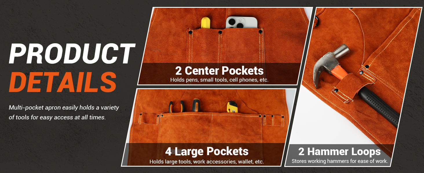 Швейний фартух QeeLink зі шкіри з рукавичками, 6 кишень, вогнестійкий та жаростійкий, коричневий