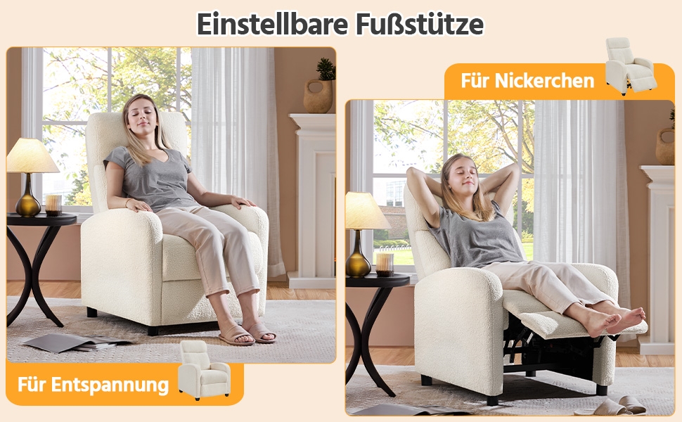 Крісло-релакс Yaheetech з регульованою підніжкою, крісло для телевізора, крісло-ліжак з тканини Boucle, колір слонова кістка