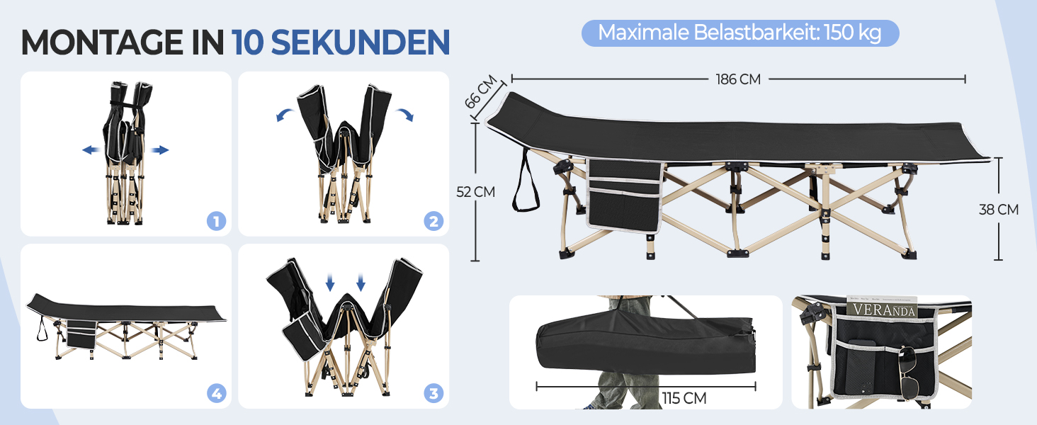 Розкладне ліжко для кемпінгу Yaheetech, похідна шезлонг-ліжка з кишенею та сумкою для транспортування, витримує до 150 кг, чорне