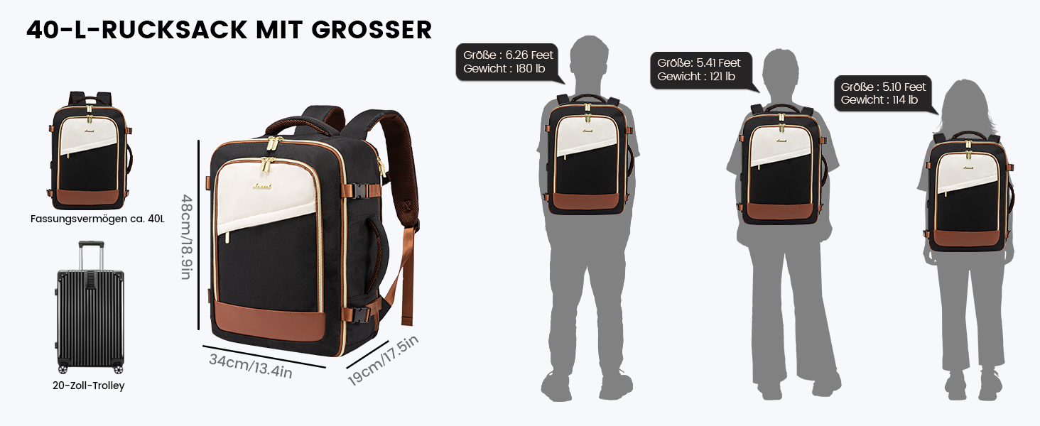 Рюкзак LOVEVOOK для ручної поклажі літака, жіночий водонепроникний рюкзак для подорожей з відділенням для взуття, 17-дюймовий рюкзак для ноутбука, 40L, 45x36x20, ручна поклажа, чорний + бежевий + каштановий