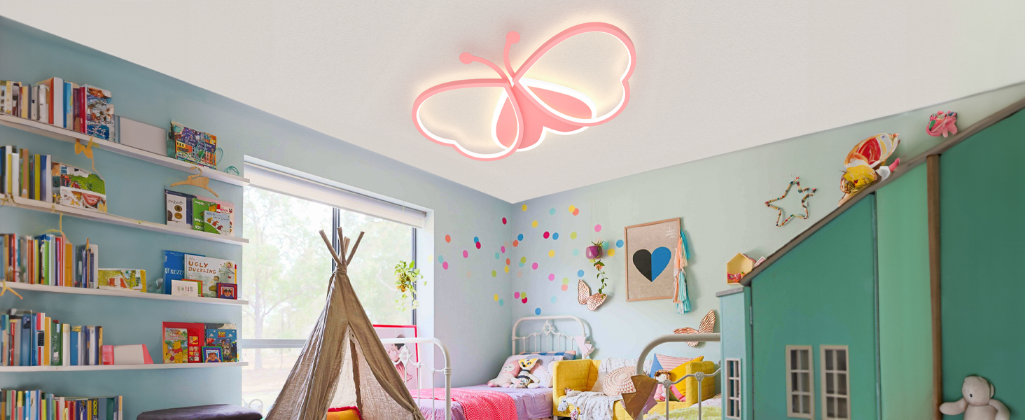 Дитячий стельовий світильник LUOLONG Butterfly Dimmable Acrylic, рожевий, 82см, кімната для дівчаток