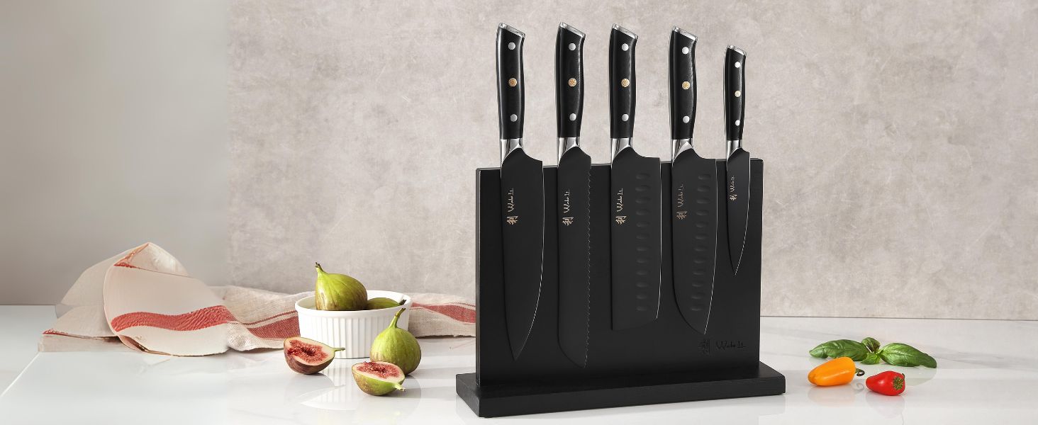 Набір кухонних ножів Wakoli Titanium Noir (5 предметів) з бруском - професійний набір кухонних ножів з титанового покриття, нержавіюча сталь, чорний колір, магнітний бруск