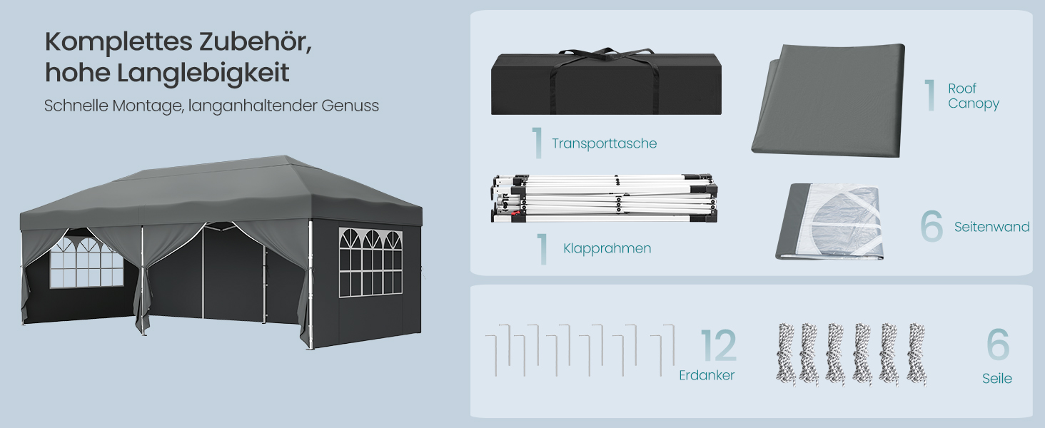 Павільйон SONGMICS 3x3 м, садовий, для відпочинку та заходів, сірий, з 6 боковинами