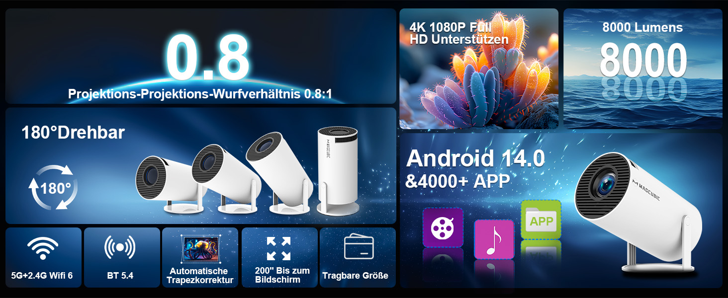 Портативний проєктор Mini Beamer 4K з Android 11: Smart, електричний фокус, 5G WiFi 6, BT 5.0, Full HD 1080P, 260ANSI, авто-корекція трапецеїдальних спотворень, 5W динамік