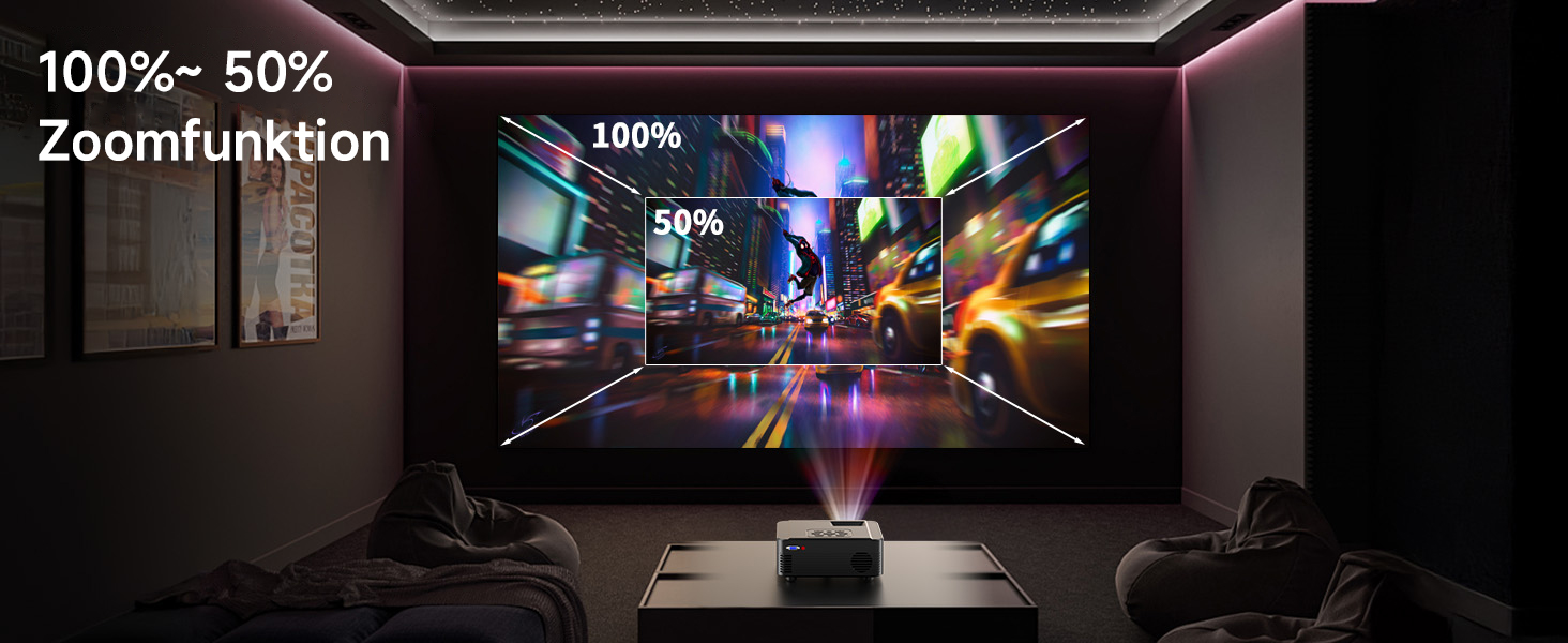 Проектор Beamer для домашнього кінотеатру з Wi-Fi 6 та Bluetooth 5.3, 1080P, 50% Zoom, HDMI/AV/Laptop/iPhone, для використання на вулиці, чорний