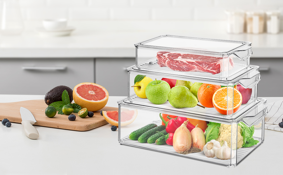 Органайзери для холодильника, набір 3 шт., з кришкою, з прозорого пластику. Підходять для холодильника, комори, морозильника, шаф.