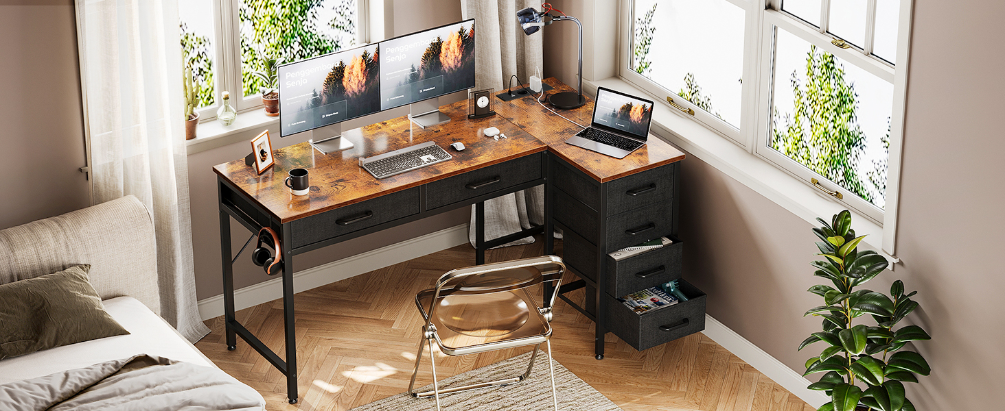 Комп'ютерний стіл Coleshome L-подібний з 6 шухлядами, білий, 126x80 см, з розеткою та гачками