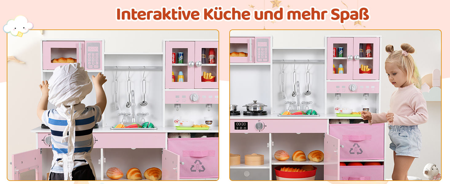 Дерев'яна дитяча кухня MAMIZO з підсвічуванням та звуком, іграшкова кухня для дітей, 90x30x90 см, з аксесуарами та 2 ящиками, іграшка для дітей від 3 років (Рожева)