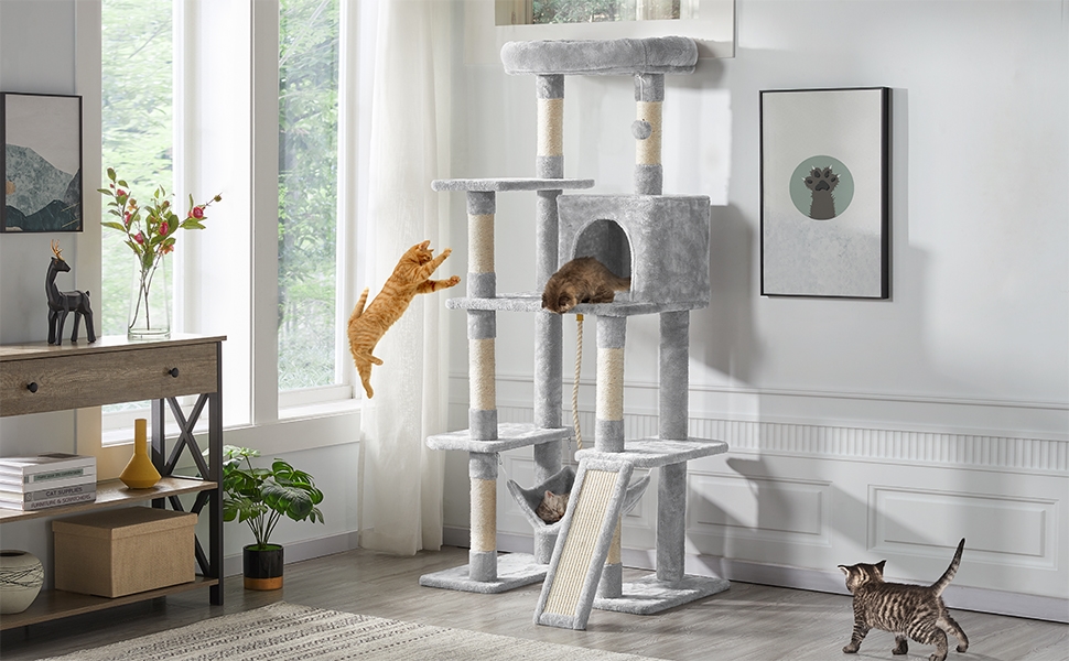 Кігтеточка для котів Yaheetech Cat Tree 159см Міцне котяче дерево з котячими печерами та платформами Ігровий будиночок для котів темно-сірий