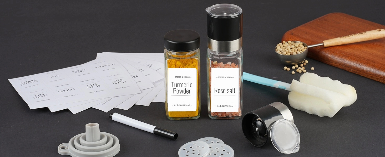 Набір скляних банок для спецій Friberg з дозатором, 20 шт. x 120 мл, з нержавіючою кришкою, чорний