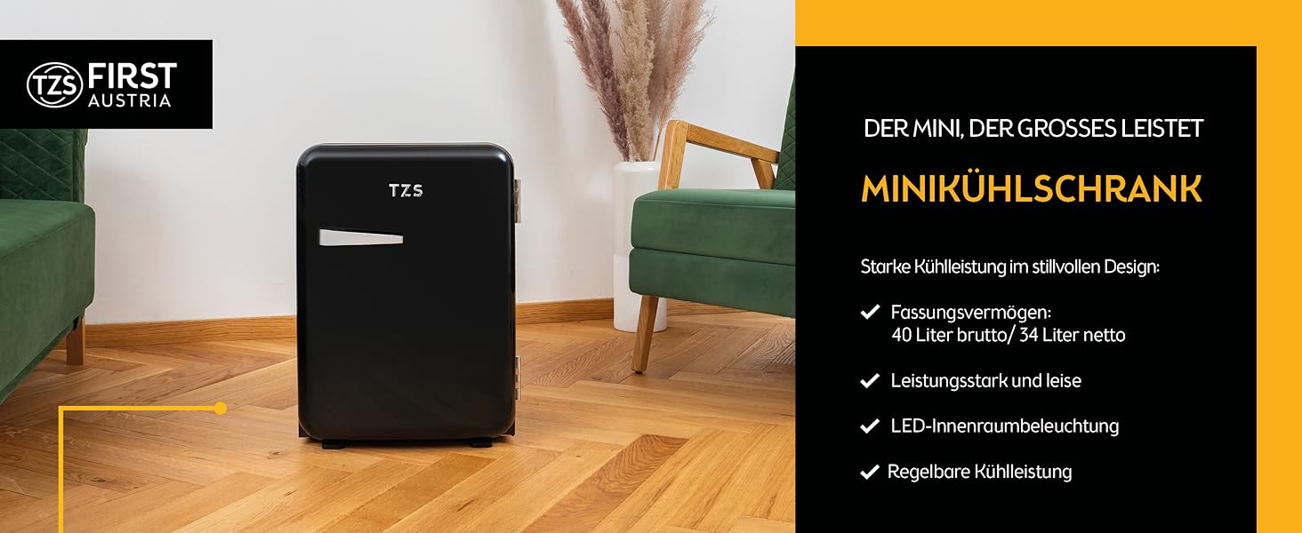 Ретро міні-холодильник TZS First Austria 40л, безшумний мінібар у вінтажному дизайні з підсвіткою, чорний