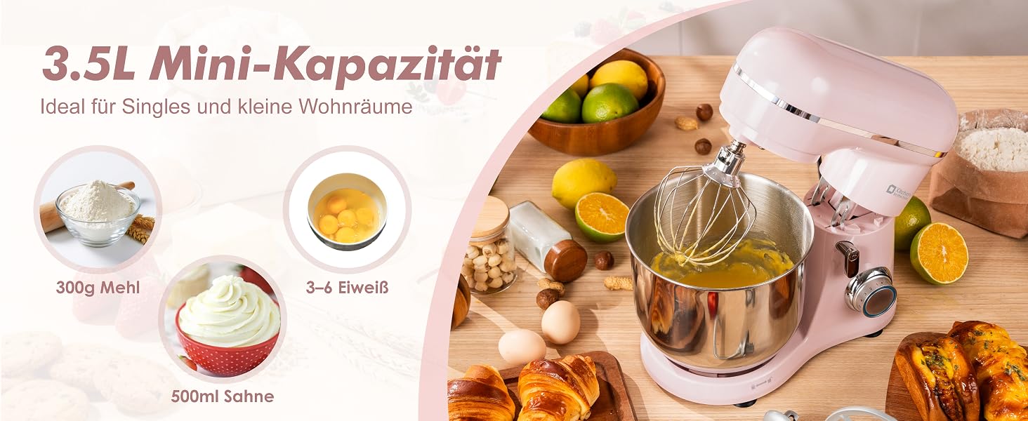 Кухонний комбайн Kitchen in the box Kompakte — планетарний міксер та тістоміс 3.5 л, 10 швидкостей, набір насадок (гак, вінчик, міксер), рожевий