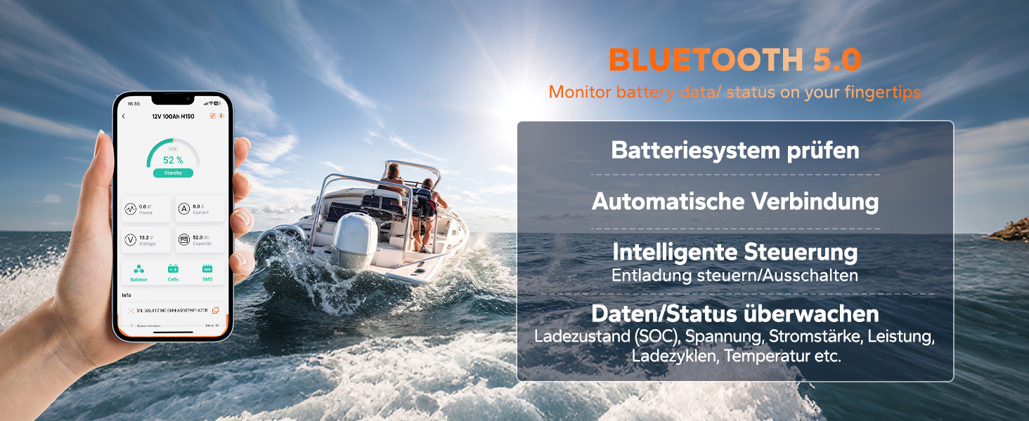 LiFePO4 акумулятор LiTime 12V 100Ah H190 з Bluetooth для кемпінгу та будинків на колесах, літієва батарея
