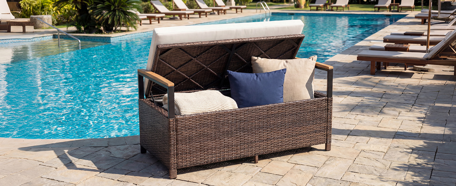 Лавка садова Costway з ротангу Polyrattan, з ящиком для зберігання, 2-місна, сіра (120x61x84 см) для балкона, тераси, саду з подушками