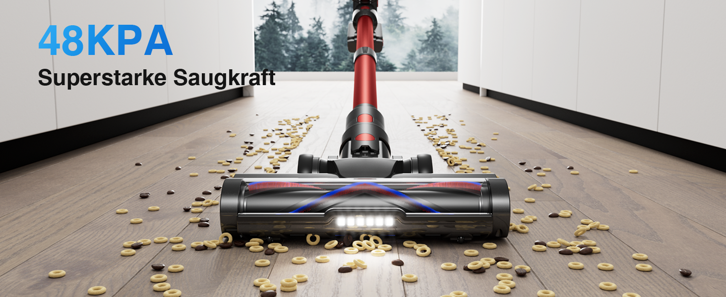 Бездротовий акумуляторний пилосос 45000Pa/550W/65хв, об'єм 1,6л з дисплеєм, антизаплутана щітка, самостійна підставка, док-станція на стіну, 8-шарова фільтрація, тиха робота, для шерсті тварин/килимів/твердих поверхонь/автомобіля (Червоний)