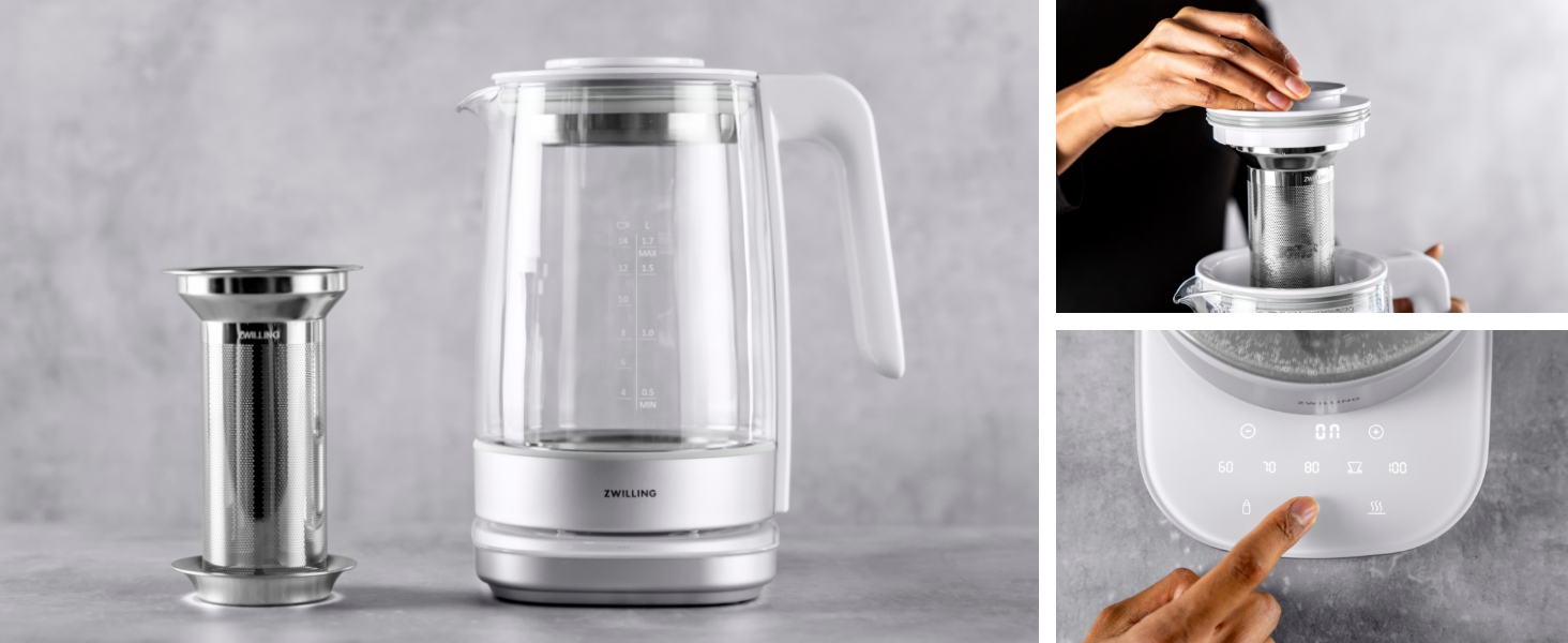 Електричний чайник ZWILLING Enfinigy з терморегулятором, сито для чаю та таймером, 1850 Вт, 1.7 л, білий