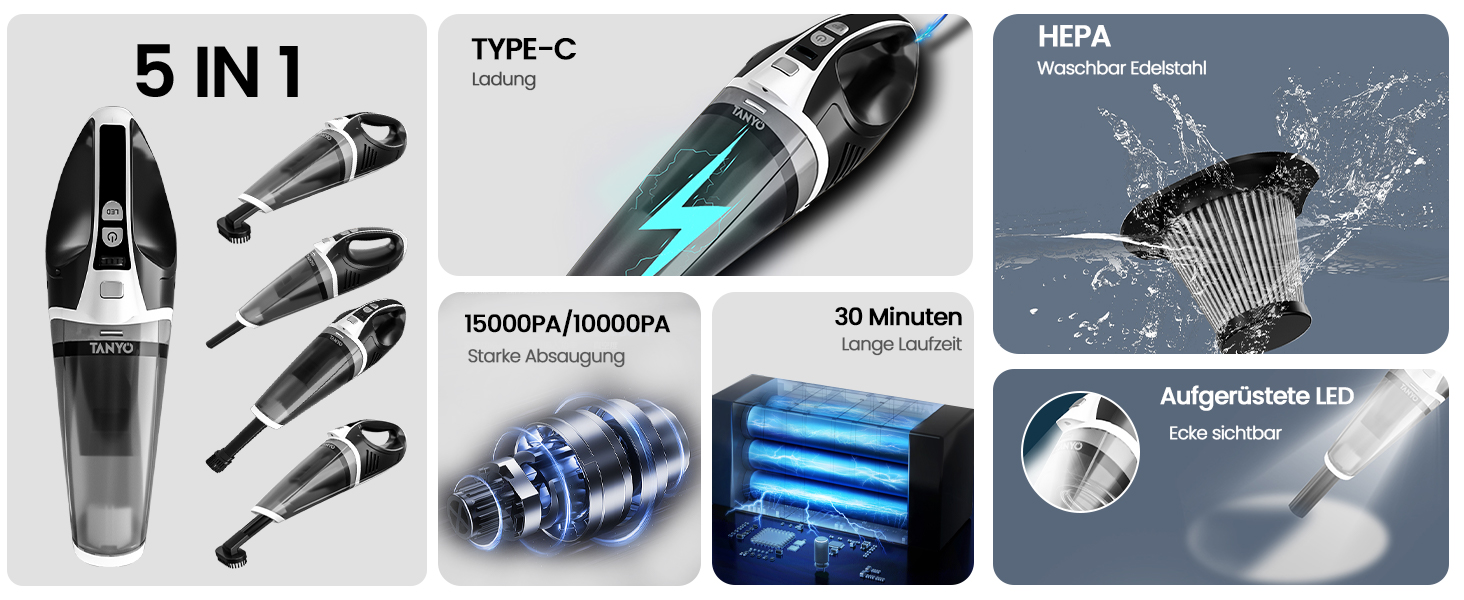 Ручний пилосос TANYO Акумуляторний 5 в 1, 15000Па/10000Па 2-швидкісний автомобільний пилосос Strong зі світлодіодним світлом, портативний ручний пилосос для вологого/сухого прибирання акумуляторний для автомобіля, дому, кухні, шерсті домашніх тварин (чорний)