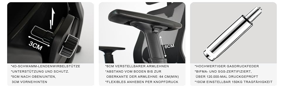 Ергономічне крісло для офісу з підголівником та підтримкою попереку, регульовані підлокітники та висота, поворотне крісло з регулюванням нахилу 90°-130° (фіксація), вантажопідйомність до 150 кг