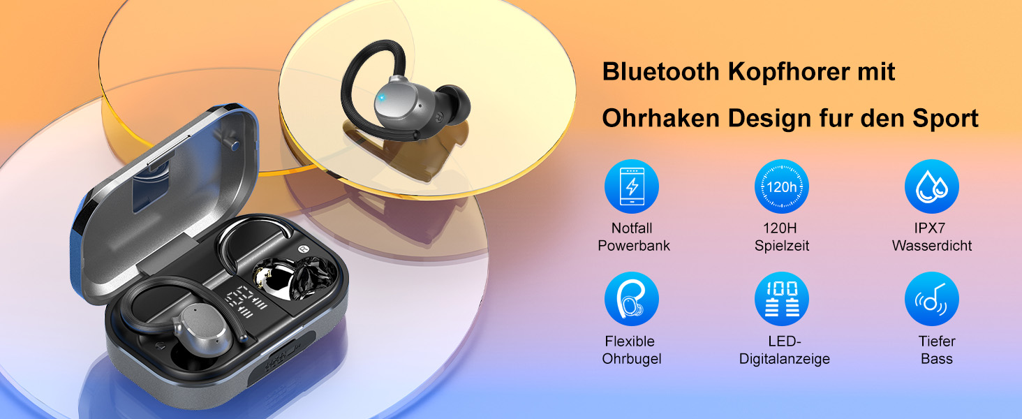 Спортивні навушники Bluetooth, Бездротовий 5.3, Час відтворення 120 годин, LED, Глибокі баси, IP7, Вушні гачки (сірий)