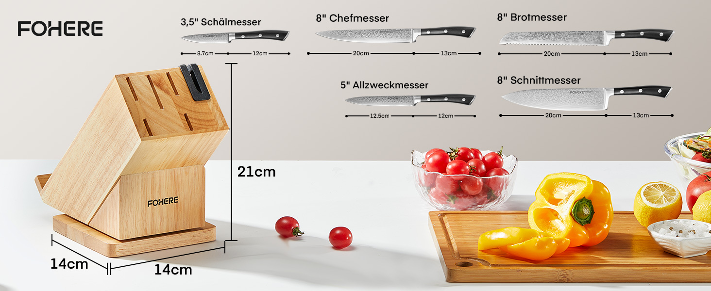 Набір кухонних ножів Messerblock 6 шт. з поворотним блоком 360°, сталь 5Cr15, з точилкою та підставкою для телефону