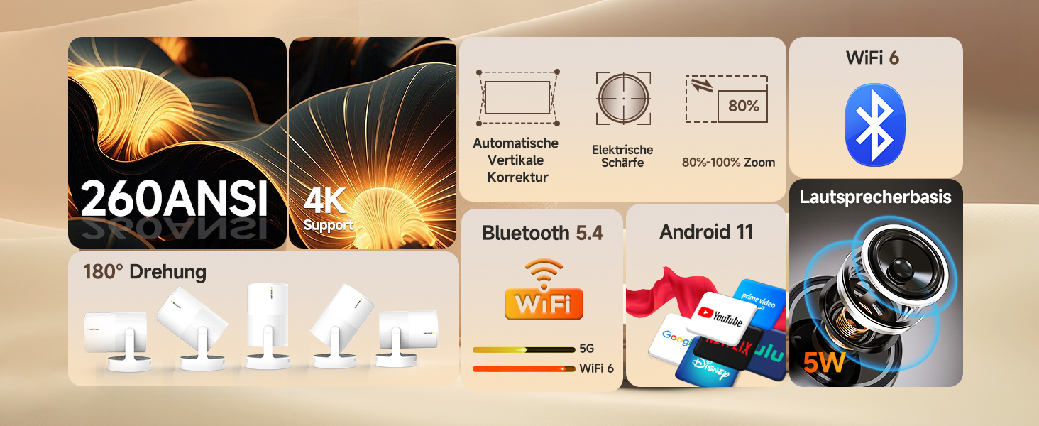 Міні проєктор Beamer 4K Android 11 Smart з автофокусом, WiFi 6, BT 5.0, Full HD 1080P, 260 ANSI, корекція трапецеїдальних спотворень, 5W динамік
