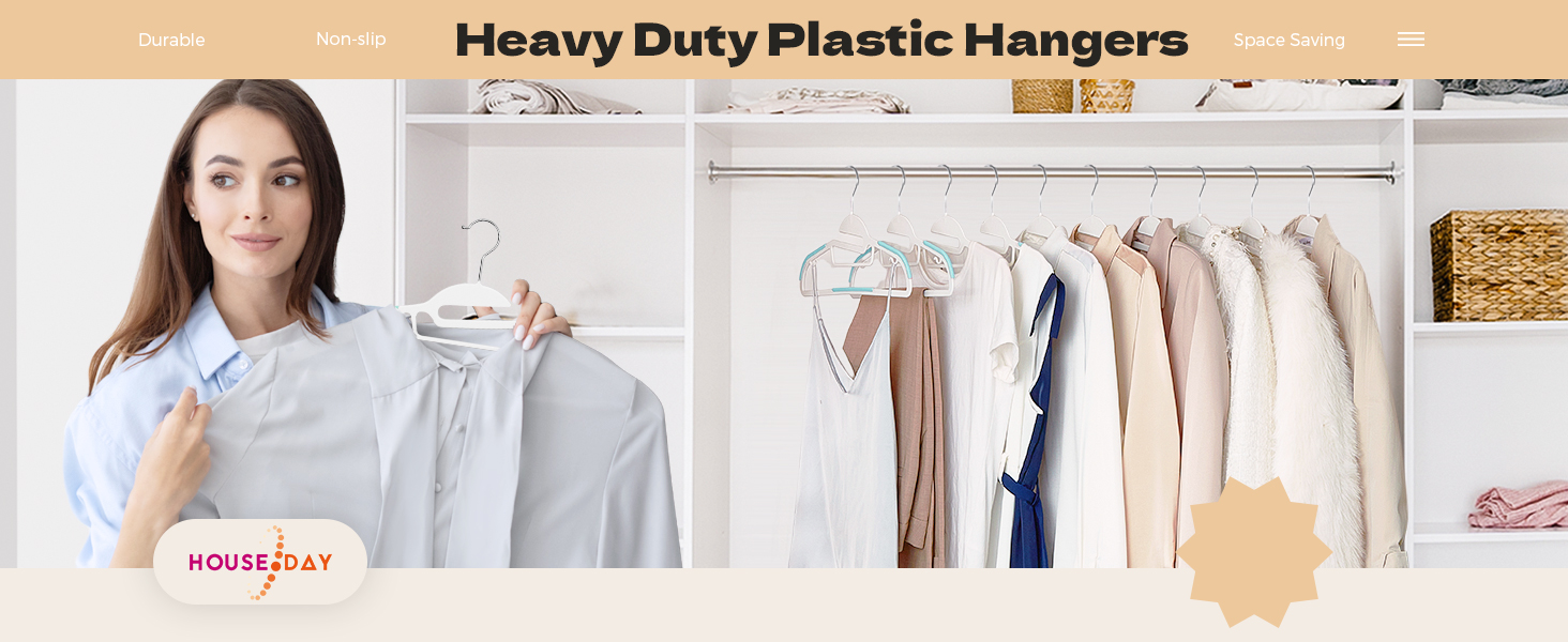 50 шт. Плечі для одягу HOUSE DAY з пластику, неслизькі, для вологого та сухого одягу, обертаються на 360°, міцні, економія місця