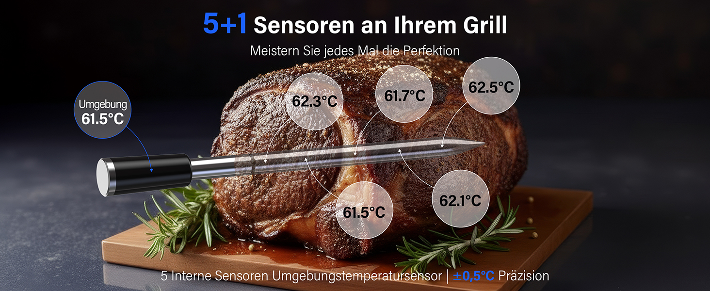 Термометр для гриля та м'яса з Wi-Fi та Bluetooth BFOUR: 6 датчиків, IP67, 2600mAh, керування через додаток