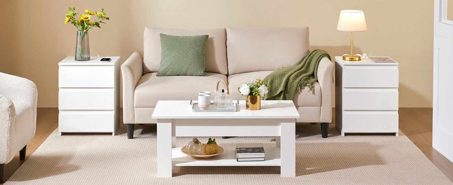 Нічний столик Yaheetech з 3 висувними ящиками, 2 розетками AC та 2 USB-портами, для спальні/вітальні