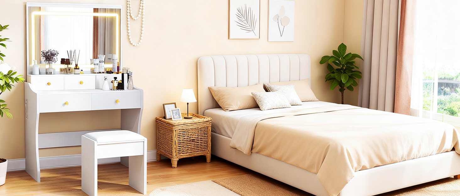 Трюмо COMHOMA з підсвічуванням, дзеркалом та прихованою LED-смугою, зі стільцем та 5 висувними ящиками, з розеткою, 3 колірні температури та регульована яскравість, білий