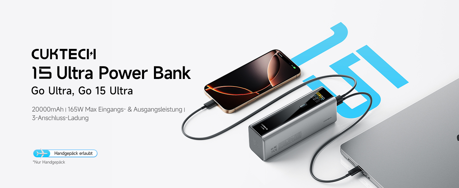 Power Bank CUKTECH 15 Ultra 20000mAh 165W з 3 портами, PD 3.1, цифровим дисплеєм. Сумісний з iPhone, MacBook, Samsung