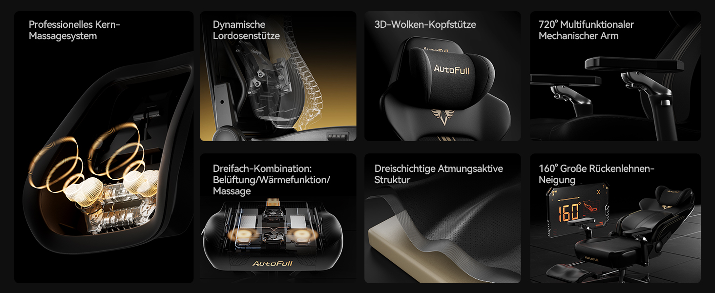 Ігрове крісло AutoFull M6 Ultra+ 2.0 з Shiatsu-масажем, підігрівом та охолодженням сидіння, поперековою підтримкою та підніжкою, чорно-золоте