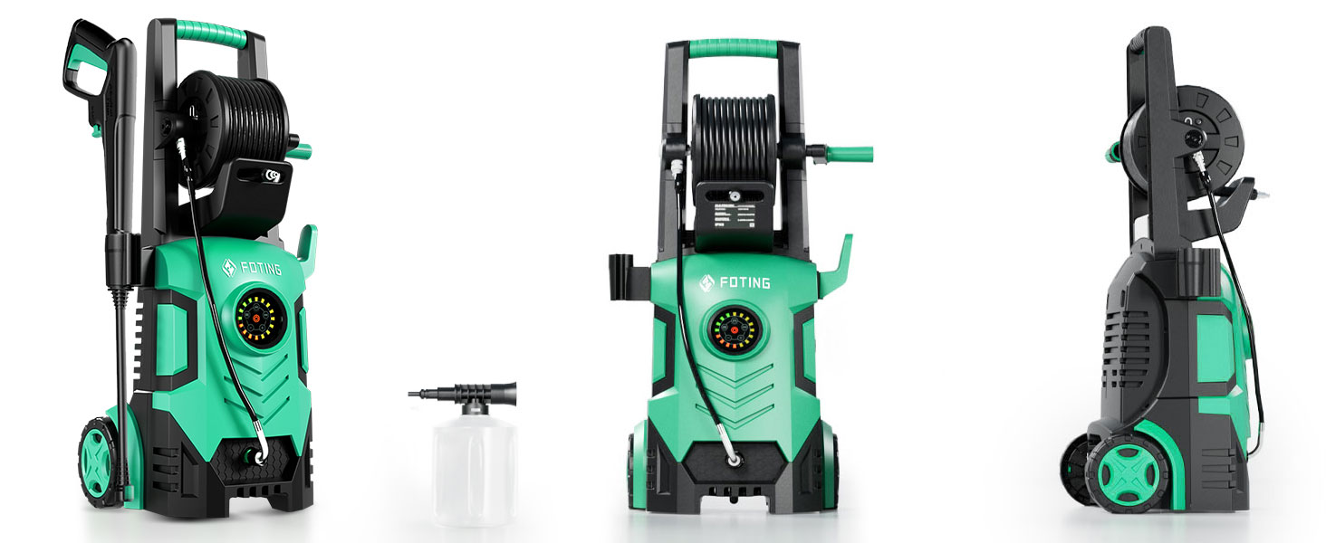 Високотискний мийник 2026 Neu 180 бар, 6-в-1 насадка, 420 л/год, 50 м²/год, економія води, з піноплавником 500 мл та барабаном для шланга (33x32x86 см, блакитний)