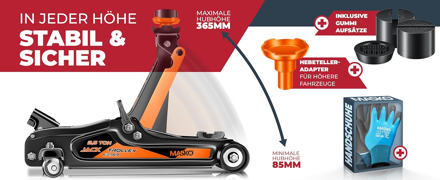 Гідравлічний домкрат MASKO 3T з низьким профілем 85-460мм, 3 гумові накладки, для автомобілів SUV, 360° колеса, рукавички в комплекті, підставка для ремонту (до 2.5 тонн, помаранчевий)