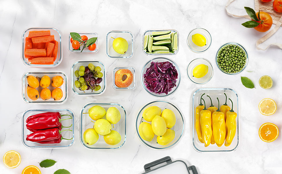 Набір скляних контейнерів для зберігання продуктів Komuee (24 шт.) з кришками, BPA-free, для мікрохвильовки та посудомийної машини, сірий