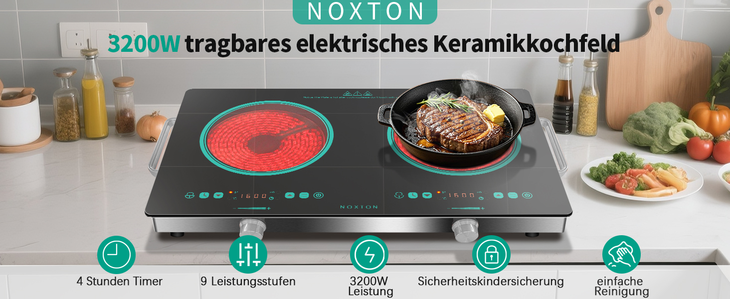 Плита електрична подвійна NOXTON з ручкою, 3200 Вт, склокераміка, таймер, захист від дітей - для кухні, кемпінгу