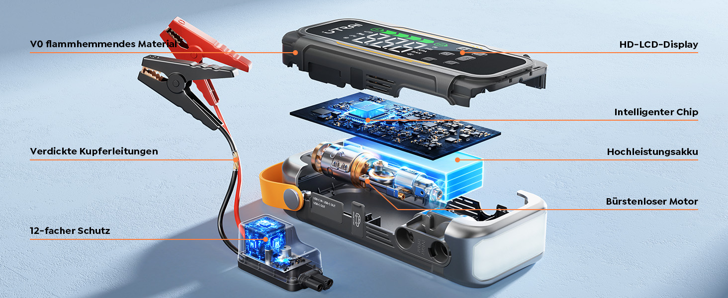 Powerbank Starthilfe UTRAI з компресором та вентилятором для авто, 6000A, LED, PD 30W, для бензинових та дизельних двигунів (10L)