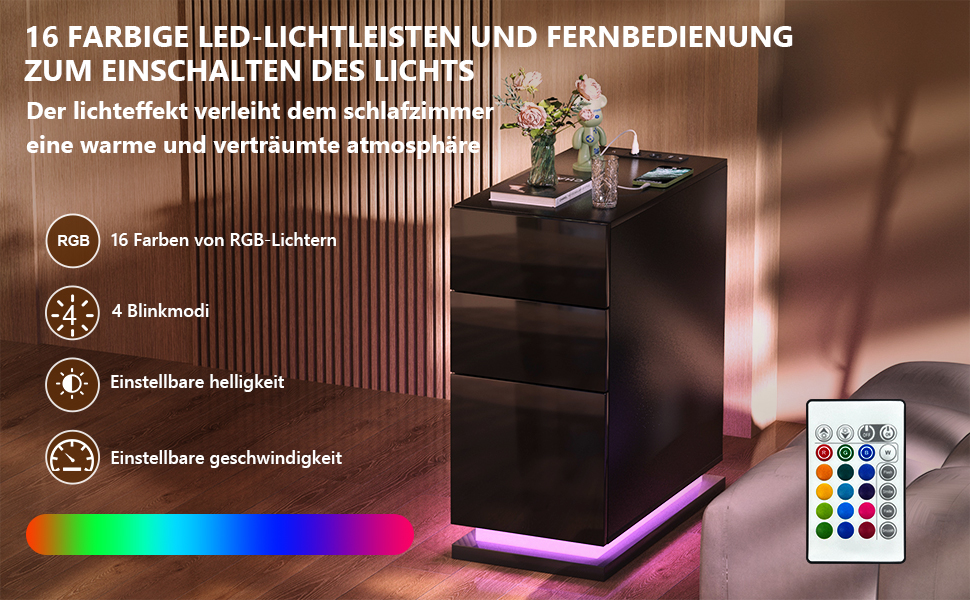 Вузька тумба приліжкова Lvhecforhm з LED-підсвіткою, чорна, з розеткою та USB, 16 режимів підсвітки, глянцева, 50x30x63 см