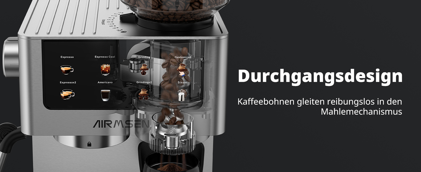 Еспресо-машина Siebträger з прозорою колбою, 20 Bar, автоматичний спінювач молока, для капучино та лате, Dual Boiler (1350W & 1000W), 15s екстракція, нержавіюча сталь, бак 1.8L, сенсорний дисплей, автоматичний спінювач молока (з млинком)