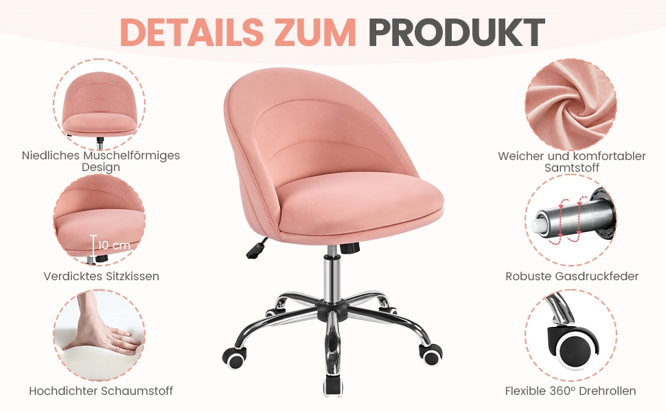Крісло Yaheetech для дому та офісу: регульоване, обтягнуте велюром, з поворотним механізмом, до 136 кг, білий/рожевий