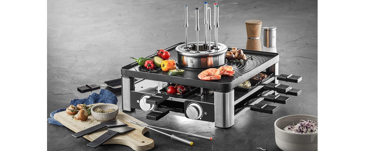 Станція WMF Lumero 3в1 Gourmet: Ракле-Фондю, електрична, для 8 осіб, регулювання температури, LED-підсвітка, 1800 Вт, нержавіюча сталь матова