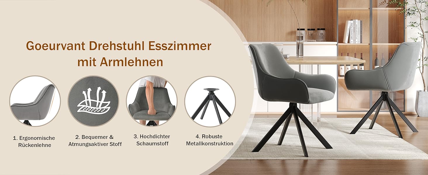 Обідні стільці поворотні, комплект 6 шт. з підлокітниками, сучасний дизайн, металевий каркас, для кухні, вітальні, офісу, бежевий/світло-сірий (льон/велюр)