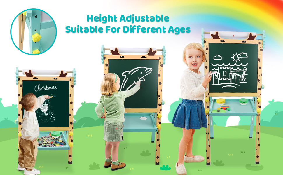 Дитячий мольберт Kinder с паперовою рулеткою, двосторонній, регульований по висоті, дошка для малювання маркерами та крейдою, мольберт для стоячи з цифрами та аксесуарами, мольберт для малювання для малюків, хлопчиків та дівчаток
