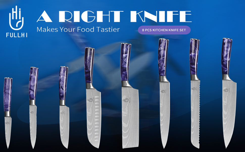 Японський набір ножів FULLHI 15 предметів з магнітним підставкою, леза з японської сталі, ергономічні ручки з смоли для професійної та домашньої кухні (фіолетовий, 14 ножів)