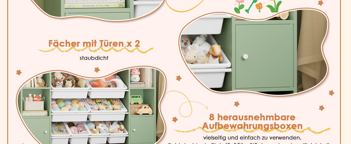 FOREHILL Регульована полиця для іграшок з 8 ящиками, дитячий шафка, книжкова полиця для дітей, меблі для дитячої кімнати з ящиком для іграшок, 138,8 x 94,3 x 29,6 см, білий (зелений)