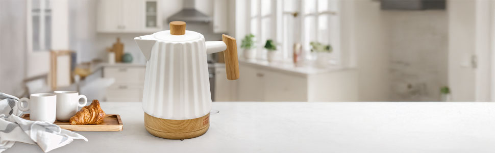 Керамічний чайник 1,7L білий з дерев'яною ручкою та кришкою, поворотний на 360°, LED-індикатор, харчовий силікон, BPA-Free, 1500W, ретро дизайн, довговічний та стильний – модель ALLEGRO