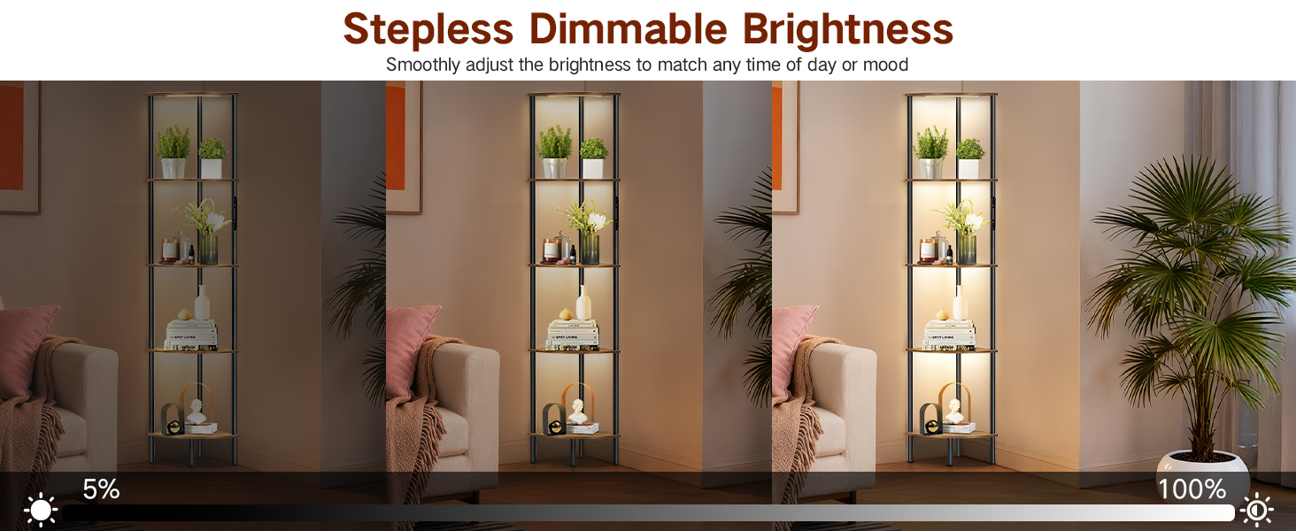 LED торшер з полицею, 3 режими світла, димування (сенсор/пульт), кутова полиця 5 рівнів, вузька книжкова шафа для вітальні, спальні, офісу, чорний