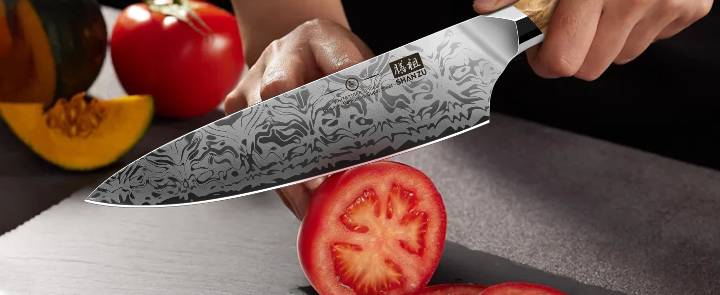 SHAN ZU Кухонний ніж Шеф-кухар, Японський ніж Дамаск з порошкової сталі SG2, Ручна ковка, 91 шар Дамаск, 20 см, професійний ніж з ахонним руків'ям, серія WHITE TIGER