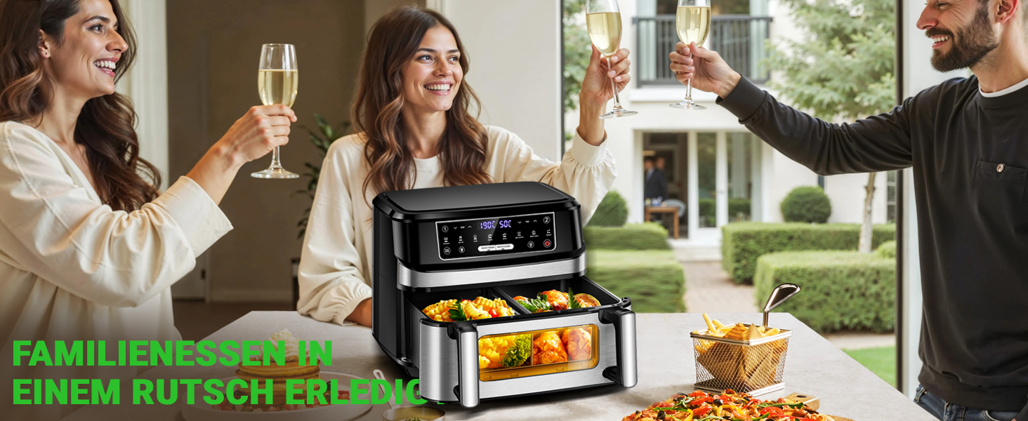 Фритюрниця повітряна XXL з двома камерами | 12л, 8-в-1, регулювання температури, сенсорний екран, до 200°C, для смаження без олії (срібна)